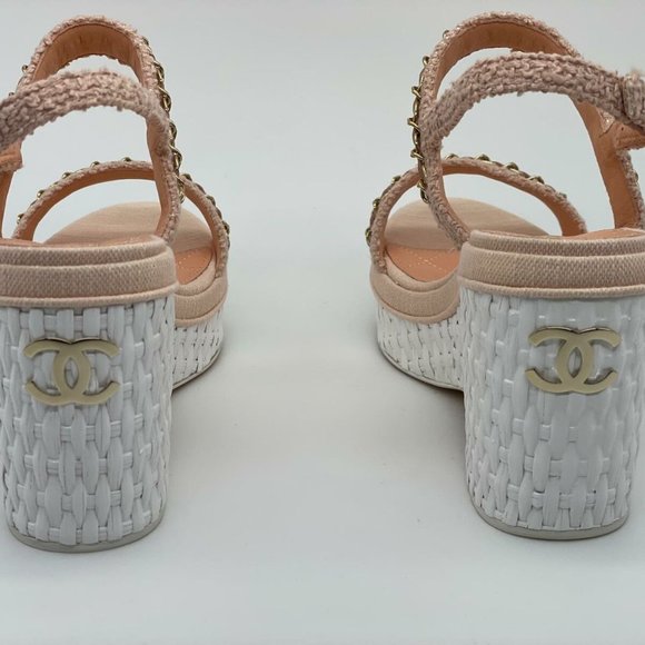 CHANEL 20C Tweed Leather Chain CC Raffia Platform Wedge Heel Sandals Shoes - Picture 6 of 11